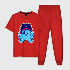 Мужская пижама хлопок с принтом Pirate octopus в Кировске, 100% хлопок | брюки и футболка прямого кроя, без карманов, на брюках мягкая резинка на поясе и по низу штанин
 | 