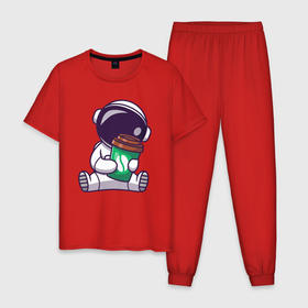 Мужская пижама хлопок с принтом Космонавт и кофе в Санкт-Петербурге, 100% хлопок | брюки и футболка прямого кроя, без карманов, на брюках мягкая резинка на поясе и по низу штанин
 | 