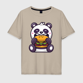 Мужская футболка хлопок Oversize с принтом Панда ест гамбургер в Петрозаводске, 100% хлопок | свободный крой, круглый ворот, “спинка” длиннее передней части | 