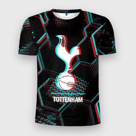 Мужская футболка 3D Slim с принтом Tottenham FC в стиле glitch на темном фоне в Кировске, 100% полиэстер с улучшенными характеристиками | приталенный силуэт, круглая горловина, широкие плечи, сужается к линии бедра | 