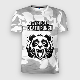 Мужская футболка 3D Slim с принтом Five Finger Death Punch рок панда на светлом фоне в Санкт-Петербурге, 100% полиэстер с улучшенными характеристиками | приталенный силуэт, круглая горловина, широкие плечи, сужается к линии бедра | Тематика изображения на принте: 
