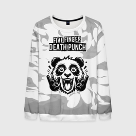Мужской свитшот 3D с принтом Five Finger Death Punch рок панда на светлом фоне в Тюмени, 100% полиэстер с мягким внутренним слоем | круглый вырез горловины, мягкая резинка на манжетах и поясе, свободная посадка по фигуре | 