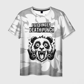 Мужская футболка 3D с принтом Five Finger Death Punch рок панда на светлом фоне в Санкт-Петербурге, 100% полиэфир | прямой крой, круглый вырез горловины, длина до линии бедер | 