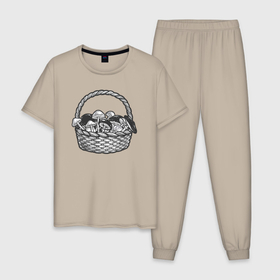 Мужская пижама хлопок с принтом Лукошко с грибами в Екатеринбурге, 100% хлопок | брюки и футболка прямого кроя, без карманов, на брюках мягкая резинка на поясе и по низу штанин
 | Тематика изображения на принте: 