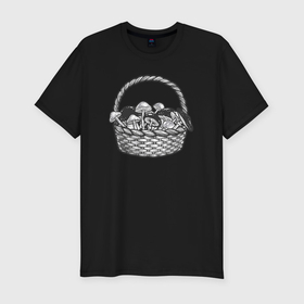 Мужская футболка хлопок Slim с принтом Лукошко с грибами в Екатеринбурге, 92% хлопок, 8% лайкра | приталенный силуэт, круглый вырез ворота, длина до линии бедра, короткий рукав | Тематика изображения на принте: 