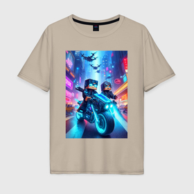 Мужская футболка хлопок Oversize с принтом Майнкрафт   чувак на мотоцикле в Курске, 100% хлопок | свободный крой, круглый ворот, “спинка” длиннее передней части | 