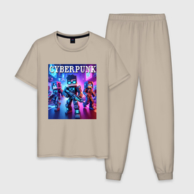 Мужская пижама хлопок с принтом Minecraft and cyberpunk   collaboration в Екатеринбурге, 100% хлопок | брюки и футболка прямого кроя, без карманов, на брюках мягкая резинка на поясе и по низу штанин
 | Тематика изображения на принте: 