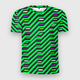 Мужская футболка 3D Slim с принтом Киберпанк узор зелёный и чёрный в Белгороде, 100% полиэстер с улучшенными характеристиками | приталенный силуэт, круглая горловина, широкие плечи, сужается к линии бедра | 
