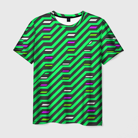 Мужская футболка 3D с принтом Киберпанк узор зелёный и чёрный в Кировске, 100% полиэфир | прямой крой, круглый вырез горловины, длина до линии бедер | 