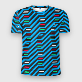 Мужская футболка 3D Slim с принтом Киберпанк узор синий и чёрный в Белгороде, 100% полиэстер с улучшенными характеристиками | приталенный силуэт, круглая горловина, широкие плечи, сужается к линии бедра | 