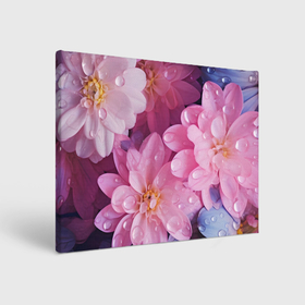 Холст прямоугольный с принтом Розовые и голубые цветы в каплях воды , 100% ПВХ |  | Тематика изображения на принте: 