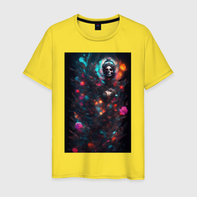 Мужская футболка хлопок с принтом Череп   цветочная фантазия   нейросеть в Белгороде, 100% хлопок | прямой крой, круглый вырез горловины, длина до линии бедер, слегка спущенное плечо. | 