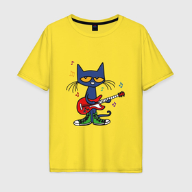 Мужская футболка хлопок Oversize с принтом Синий кот с гитарой в Новосибирске, 100% хлопок | свободный крой, круглый ворот, “спинка” длиннее передней части | 