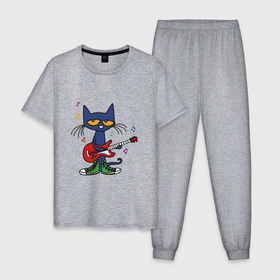 Мужская пижама хлопок с принтом Синий кот с гитарой в Курске, 100% хлопок | брюки и футболка прямого кроя, без карманов, на брюках мягкая резинка на поясе и по низу штанин
 | 