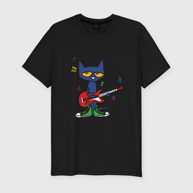 Мужская футболка хлопок Slim с принтом Синий кот с гитарой в Курске, 92% хлопок, 8% лайкра | приталенный силуэт, круглый вырез ворота, длина до линии бедра, короткий рукав | 