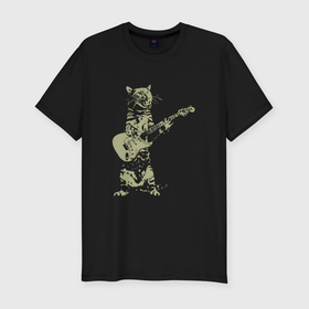 Мужская футболка хлопок Slim с принтом Кот играет на гитаре из золота в Кировске, 92% хлопок, 8% лайкра | приталенный силуэт, круглый вырез ворота, длина до линии бедра, короткий рукав | 