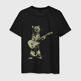 Мужская футболка хлопок с принтом Кот играет на гитаре из золота в Белгороде, 100% хлопок | прямой крой, круглый вырез горловины, длина до линии бедер, слегка спущенное плечо. | 