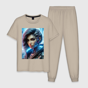 Мужская пижама хлопок с принтом Cyber girl   ai art в Белгороде, 100% хлопок | брюки и футболка прямого кроя, без карманов, на брюках мягкая резинка на поясе и по низу штанин
 | 