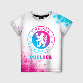 Детская футболка 3D с принтом Chelsea neon gradient style в Петрозаводске, 100% гипоаллергенный полиэфир | прямой крой, круглый вырез горловины, длина до линии бедер, чуть спущенное плечо, ткань немного тянется | Тематика изображения на принте: 