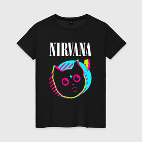 Женская футболка хлопок с принтом Nirvana rock star cat , 100% хлопок | прямой крой, круглый вырез горловины, длина до линии бедер, слегка спущенное плечо | 