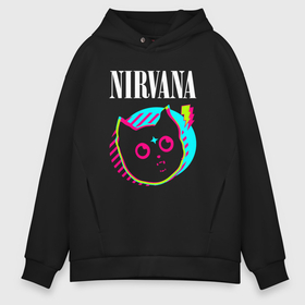 Мужское худи Oversize хлопок с принтом Nirvana rock star cat в Курске, френч-терри — 70% хлопок, 30% полиэстер. Мягкий теплый начес внутри —100% хлопок | боковые карманы, эластичные манжеты и нижняя кромка, капюшон на магнитной кнопке | 