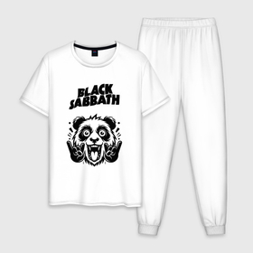 Мужская пижама хлопок с принтом Black Sabbath   rock panda в Тюмени, 100% хлопок | брюки и футболка прямого кроя, без карманов, на брюках мягкая резинка на поясе и по низу штанин
 | Тематика изображения на принте: 