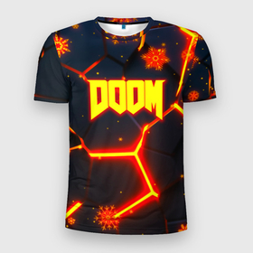 Мужская футболка 3D Slim с принтом Doom плиты лого в огне в Новосибирске, 100% полиэстер с улучшенными характеристиками | приталенный силуэт, круглая горловина, широкие плечи, сужается к линии бедра | 