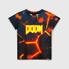 Детская футболка 3D с принтом Doom плиты лого в огне в Тюмени, 100% гипоаллергенный полиэфир | прямой крой, круглый вырез горловины, длина до линии бедер, чуть спущенное плечо, ткань немного тянется | Тематика изображения на принте: 