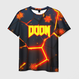 Мужская футболка 3D с принтом Doom плиты лого в огне в Екатеринбурге, 100% полиэфир | прямой крой, круглый вырез горловины, длина до линии бедер | 