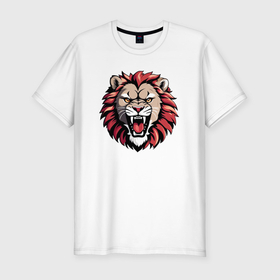Мужская футболка хлопок Slim с принтом Свирепый рычащий лев с красной гривой , 92% хлопок, 8% лайкра | приталенный силуэт, круглый вырез ворота, длина до линии бедра, короткий рукав | 