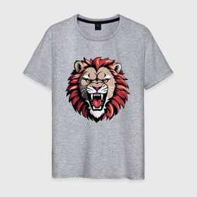 Мужская футболка хлопок с принтом Свирепый рычащий лев с красной гривой , 100% хлопок | прямой крой, круглый вырез горловины, длина до линии бедер, слегка спущенное плечо. | 