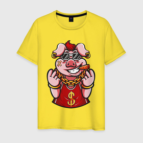 Мужская футболка хлопок с принтом Богатый свин в Екатеринбурге, 100% хлопок | прямой крой, круглый вырез горловины, длина до линии бедер, слегка спущенное плечо. | 