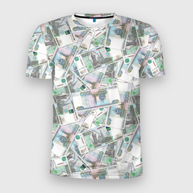 Мужская футболка 3D Slim с принтом Деньги   купюры в 1 тысячу рублей , 100% полиэстер с улучшенными характеристиками | приталенный силуэт, круглая горловина, широкие плечи, сужается к линии бедра | Тематика изображения на принте: 