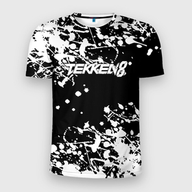 Мужская футболка 3D Slim с принтом Tekken 8 брызги белых красок в Екатеринбурге, 100% полиэстер с улучшенными характеристиками | приталенный силуэт, круглая горловина, широкие плечи, сужается к линии бедра | Тематика изображения на принте: 
