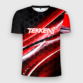 Мужская футболка 3D Slim с принтом Tekken 8 огненное лого файтинг в Тюмени, 100% полиэстер с улучшенными характеристиками | приталенный силуэт, круглая горловина, широкие плечи, сужается к линии бедра | 