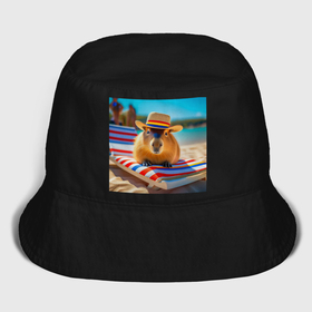 Мужская панама хлопок с принтом Мем капибара в шляпе на море в шезлонге в Кировске,  |  | 