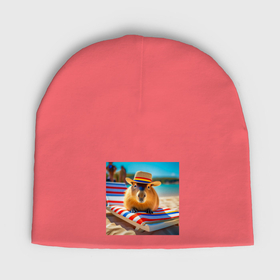 Мужская шапка демисезонная с принтом Мем капибара в шляпе на море в шезлонге в Курске,  |  | 
