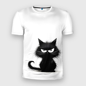Мужская футболка 3D Slim с принтом Черный сердитый котенок в Курске, 100% полиэстер с улучшенными характеристиками | приталенный силуэт, круглая горловина, широкие плечи, сужается к линии бедра | 