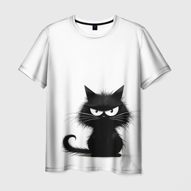Мужская футболка 3D с принтом Черный сердитый котенок в Санкт-Петербурге, 100% полиэфир | прямой крой, круглый вырез горловины, длина до линии бедер | 