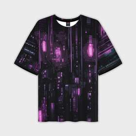 Мужская футболка oversize 3D с принтом Киберпанк светящиеся фиолетовые элементы в Кировске,  |  | 