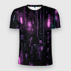 Мужская футболка 3D Slim с принтом Киберпанк светящиеся фиолетовые элементы в Белгороде, 100% полиэстер с улучшенными характеристиками | приталенный силуэт, круглая горловина, широкие плечи, сужается к линии бедра | 