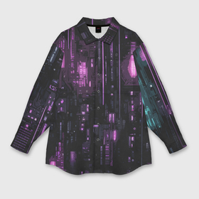 Мужская рубашка oversize 3D с принтом Киберпанк светящиеся фиолетовые элементы в Кировске,  |  | 