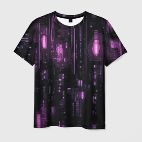 Мужская футболка 3D с принтом Киберпанк светящиеся фиолетовые элементы в Кировске, 100% полиэфир | прямой крой, круглый вырез горловины, длина до линии бедер | 