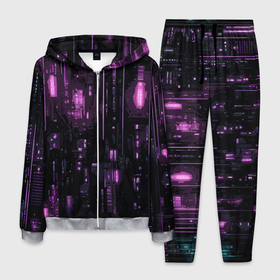 Мужской костюм 3D с принтом Киберпанк светящиеся фиолетовые элементы в Кировске, 100% полиэстер | Манжеты и пояс оформлены тканевой резинкой, двухслойный капюшон со шнурком для регулировки, карманы спереди | 