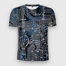 Мужская футболка 3D Slim с принтом Киберпанк схемы белые и синие в Белгороде, 100% полиэстер с улучшенными характеристиками | приталенный силуэт, круглая горловина, широкие плечи, сужается к линии бедра | 