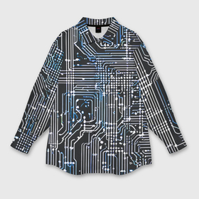 Мужская рубашка oversize 3D с принтом Киберпанк схемы белые и синие ,  |  | Тематика изображения на принте: 