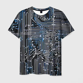 Мужская футболка 3D с принтом Киберпанк схемы белые и синие в Екатеринбурге, 100% полиэфир | прямой крой, круглый вырез горловины, длина до линии бедер | Тематика изображения на принте: 