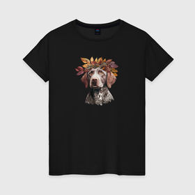 Женская футболка хлопок с принтом Курцхаар осенний арт в Петрозаводске, 100% хлопок | прямой крой, круглый вырез горловины, длина до линии бедер, слегка спущенное плечо | 