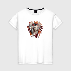 Женская футболка хлопок с принтом Китайская хохлатая собака осенний арт , 100% хлопок | прямой крой, круглый вырез горловины, длина до линии бедер, слегка спущенное плечо | 