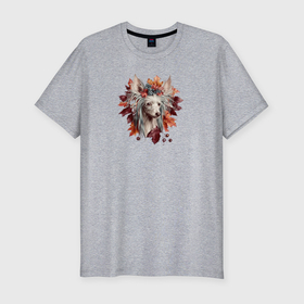 Мужская футболка хлопок Slim с принтом Китайская хохлатая собака осенний арт в Кировске, 92% хлопок, 8% лайкра | приталенный силуэт, круглый вырез ворота, длина до линии бедра, короткий рукав | 